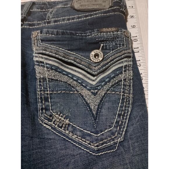 Salvage Havoc Jeans Mens 30x35 Blue Slim Straight Distressed Embroidered Denim - Picture 5 of 9